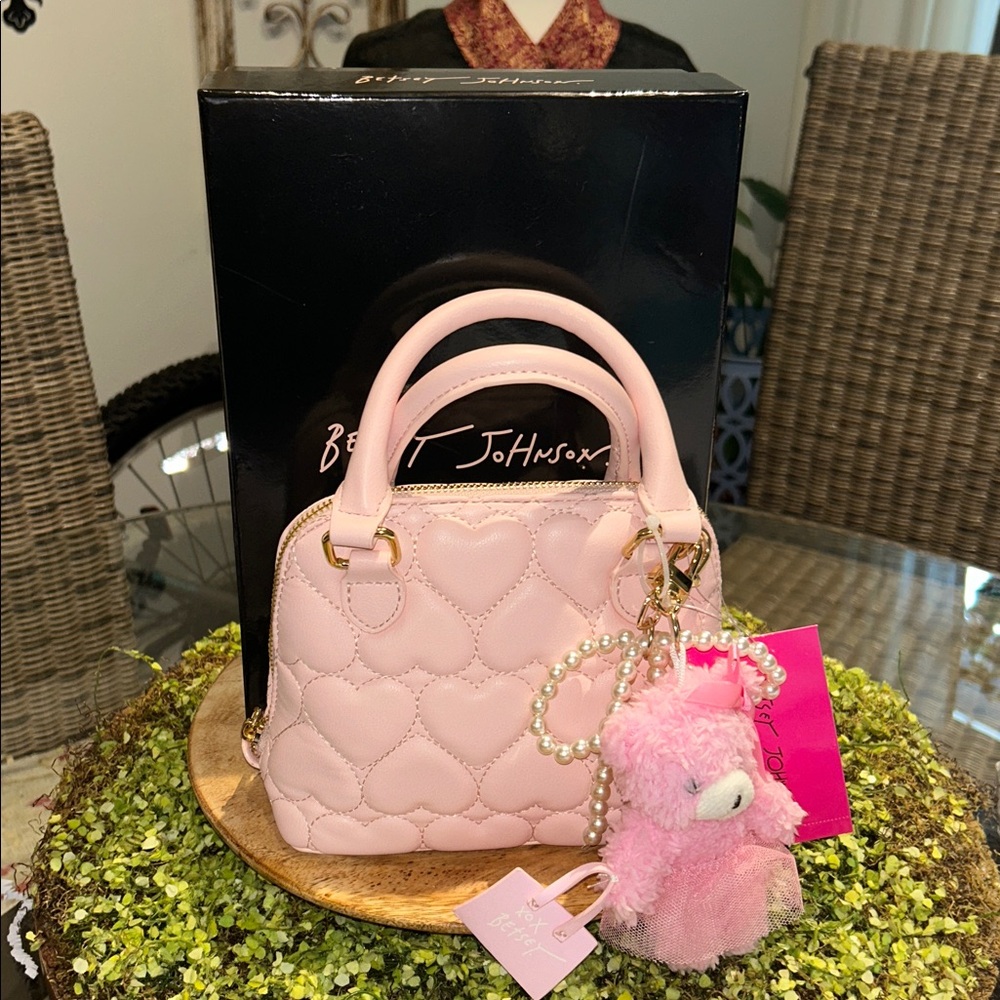 Betsey Johnson Blush Pink Heart Quilted Mini Bag with Teddy Charm 8”x 6”x 3” NWT - Picture 10 of 10
